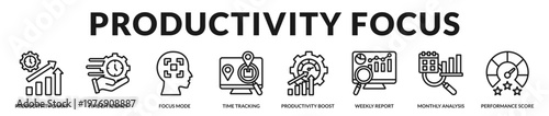 Productivity tools focused on time tracking, performance measurement, and efficiency improvement in Lineal Icon Style
