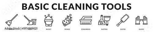Essential household cleaning tools used for routine surface and floor maintenance in Lineal Icon Style