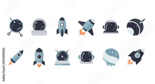 Space icons depicting various spacecraft and celestial objects in orbit