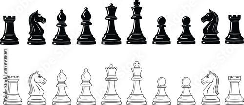 Detailed chess pieces silhouettes and glossy icons set, classic strategy board game elements, king queen rook knight bishop pawn vector