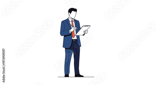 A professional businessman wearing a formal suit stands while carefully writing notes on a clipboard isolated against a clean and bright white studio background.