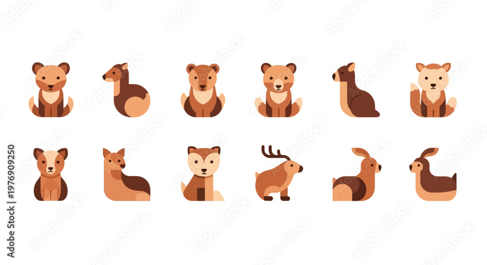 Fototapeta premium Various animals are illustrated in a collection of iconic animal heads and full body portraits.
