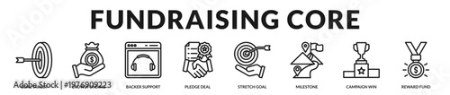 A focused banner illustrating essential elements of fundraising progress and campaign achievement in Lineal Icon Style