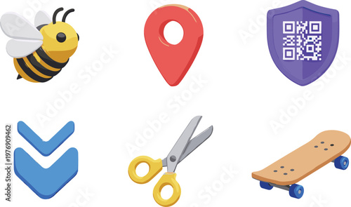 Colorful 3D Icons Vector Set Featuring Bee, Location Pin, QR Code, Scissors, and Skateboard for Digital and Web Design