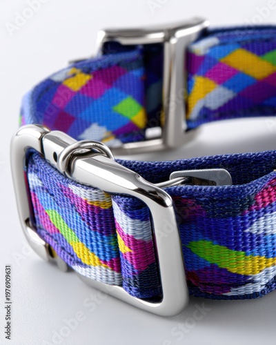 Colorful Geometric Nylon Dog Collar Close Up on Clean Background