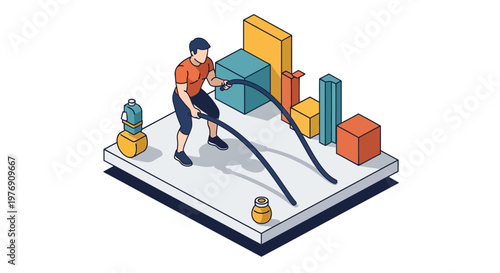 Isometric illustration of man doing battle rope exercise in a gym