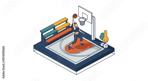 Isometric Basketball Player Slam Dunk Vector Illustration