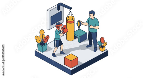 Isometric Boxing Gym Training with Coach and Heavy Bag