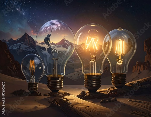 A surreal landscape with four light bulbs on a rocky surface
