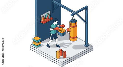Isometric boxer training with heavy punching bag in gym