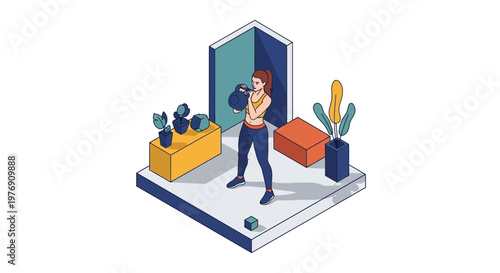 Isometric Woman Training with Kettlebell in Modern Home Gym
