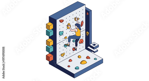 Isometric Illustration of a Woman Training on an Indoor Climbing Wall