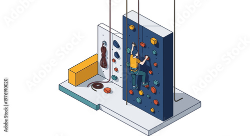 Isometric Indoor Rock Climbing Wall and Climber Illustration