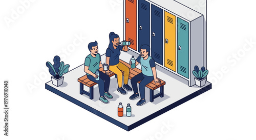 Friends resting and hydrating in a sports locker room