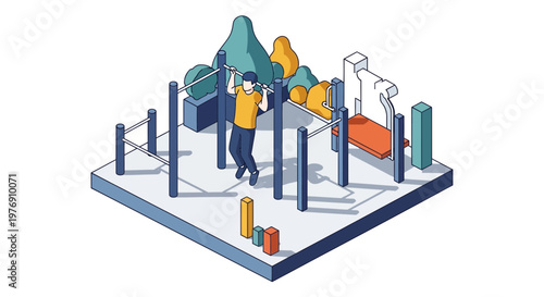 Man doing pull ups at outdoor calisthenics park isometric vector