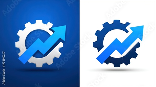 Gear with upward trending arrow, shown in white and dark blue versions