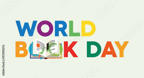 World Book Day colorful text with open book icon, celebrating reading and literacy, in bright studio.