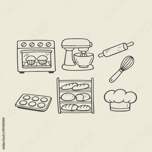 Baking tools and kitchen equipment icons.