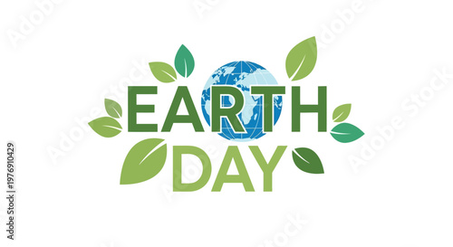 Earth Day concept with globe icon and green leaves, promoting environmental awareness, isolated white background.