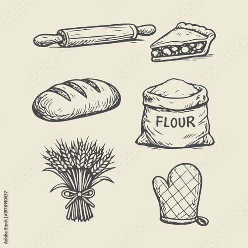 Baking ingredients and tools collection.