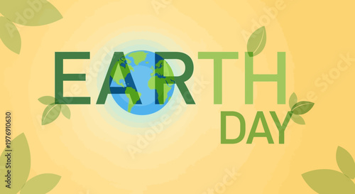 Earth Day Text with Stylized Globe and Green Leaves in Bright Studio