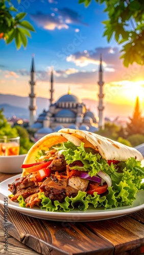 A delicious wrap sandwich sits on a plate, in front of a beautiful mosque and a scenic sunset view