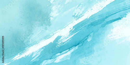 A frozen abstract winter landscape features white snow patterns and cold blue ice textures flowing like a liquid ocean wave across a crystalline underwater surface