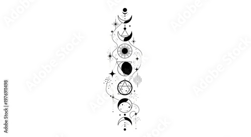 Phases of the moon depicted vertically with stars and planets around