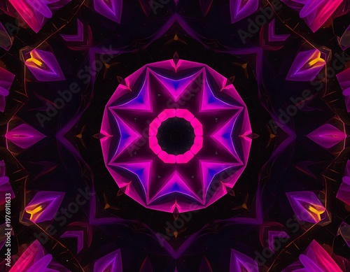 A vibrant, symmetrical design featuring a central circle with starburst patterns