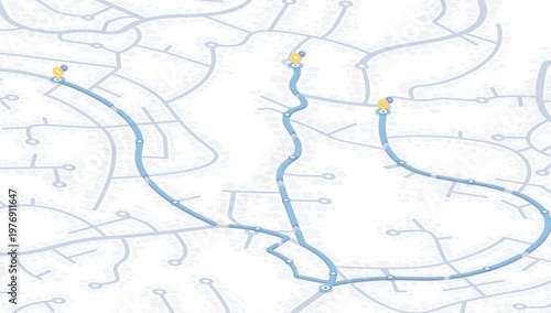 Εκτύπωση καμβά Winding blue route on map connecting three yellow location markers
