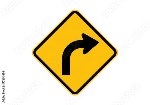 Yellow diamond warning sign for right curve ahead