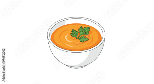 Vibrant orange vegetable soup served in a clean white porcelain bowl with a fresh green parsley garnish against a pristine minimalist white background.