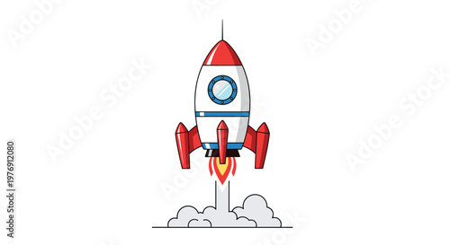 Dynamic cartoon rocket ship ascending rapidly with bright red fins and a blue porthole while leaving a thick grey smoke trail on a clear white space.