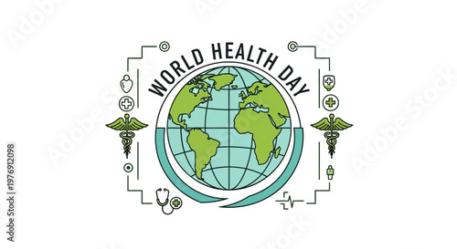 World Health Day Globe Surrounded by Medical Symbols on Isolated White Background