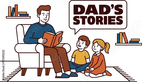 Heartwarming fathers day illustration dad reading stories to his children