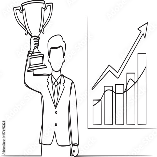Business professional holding trophy with rising real estate growth chart success concept
