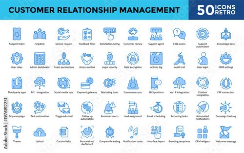 Customer Relationship Management icons set with support ticket, helpdesk, service request, feedback form, satisfaction rating, customer review icon. Simple retro vector 
