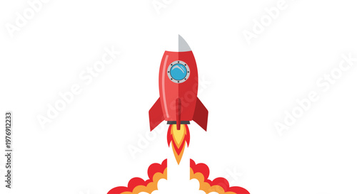 Simplified red rocket ship blasting off into the atmosphere with a vibrant yellow flame and a stylized red smoke trail against a clean white backdrop.