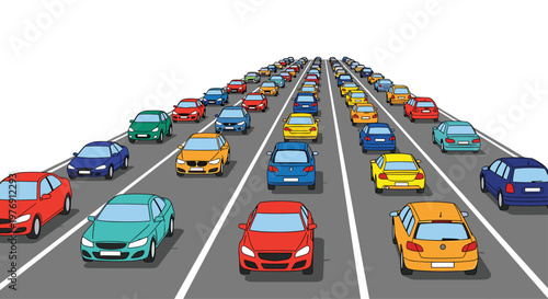 Dense traffic jam featuring numerous colorful vehicles moving along a multi-lane grey asphalt highway captured from a high-angle perspective on white.