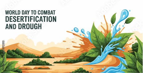 Foto Vibrant desert landscape with lush greenery and water splash in colorful illustr