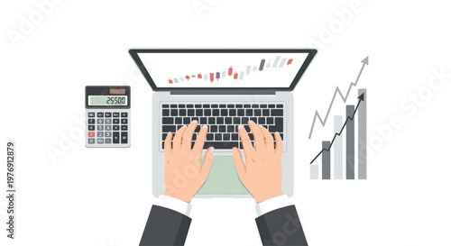 Hands typing on a laptop keyboard with a calculator and a rising stock market chart displayed nearby on a clean white surface from a top-down view.