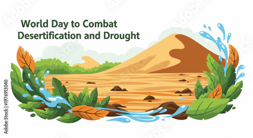 Konstfotografi Desert landscape with green plants and water flow in vibrant colorful illustrati