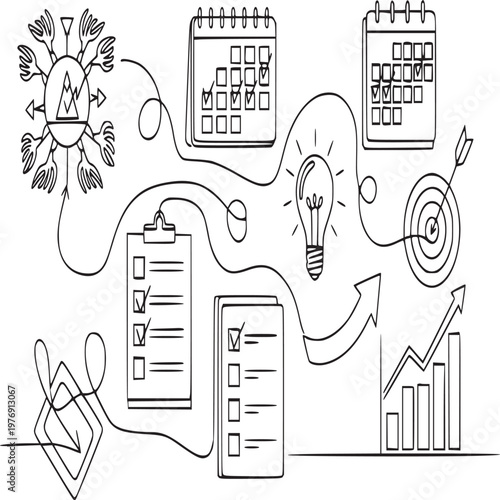 hand drawn flowchart of business process automation with digital transformation icons and growth charts