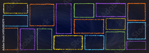 Colorful kindergarten crayon frame with hand-drawn doodle border vector illustration set. Cute childish design perfect for school projects, children s art, and playful text backgrounds.