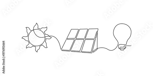Continuous line drawing of solar panel with sun and light bulb