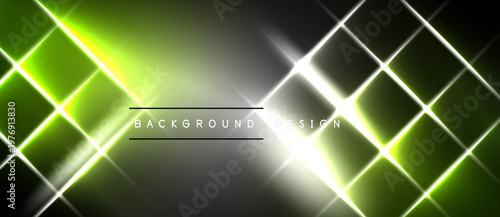 Abstract neon grid. Bright lines form diamond shapes. Gradient transitions from green to white, dark background. Modern design element.