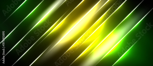 Abstract design features vibrant green, yellow streaks. Diagonal lines create dynamic, energetic visual effect. Dark background emphasizes bright illumination.