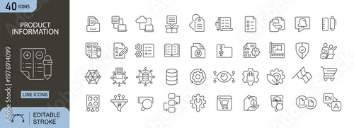 Product information icons set representing product details, specifications, description, features, labels, data, packaging and customer information. Editable Stroke.