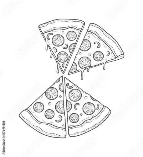 Hand drawn pepperoni pizza slices dripping cheese and toppings
