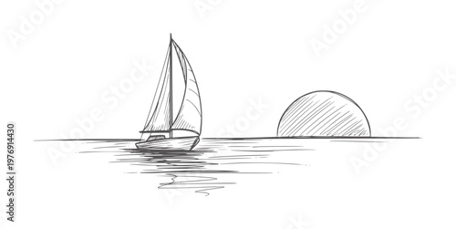 Hand drawn sailboat water with setting sun monochrome